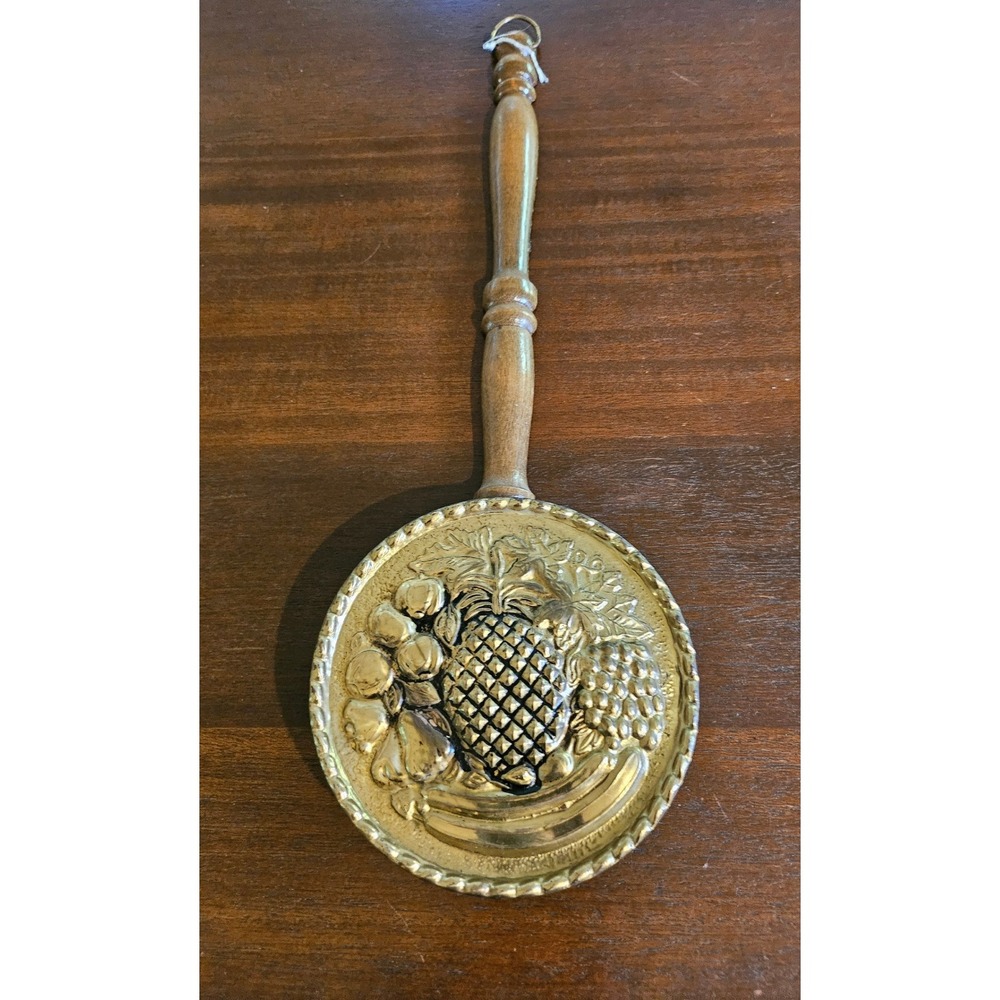 Vintage Brass Wall Pocket Decor Gold Fruit Pineapple Embossed Wood Handle 19in